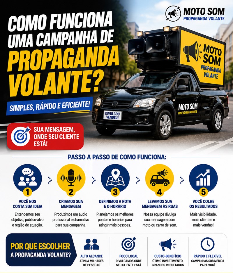 Motocicleta equipada com sistema de som para propaganda volante em rua comercial