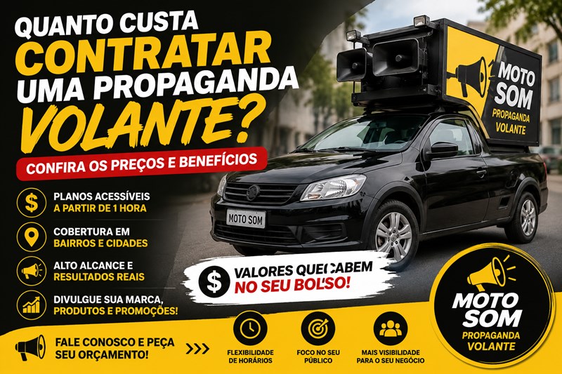 Motocicleta equipada com caixa de som para propaganda volante circulando em rua comercial